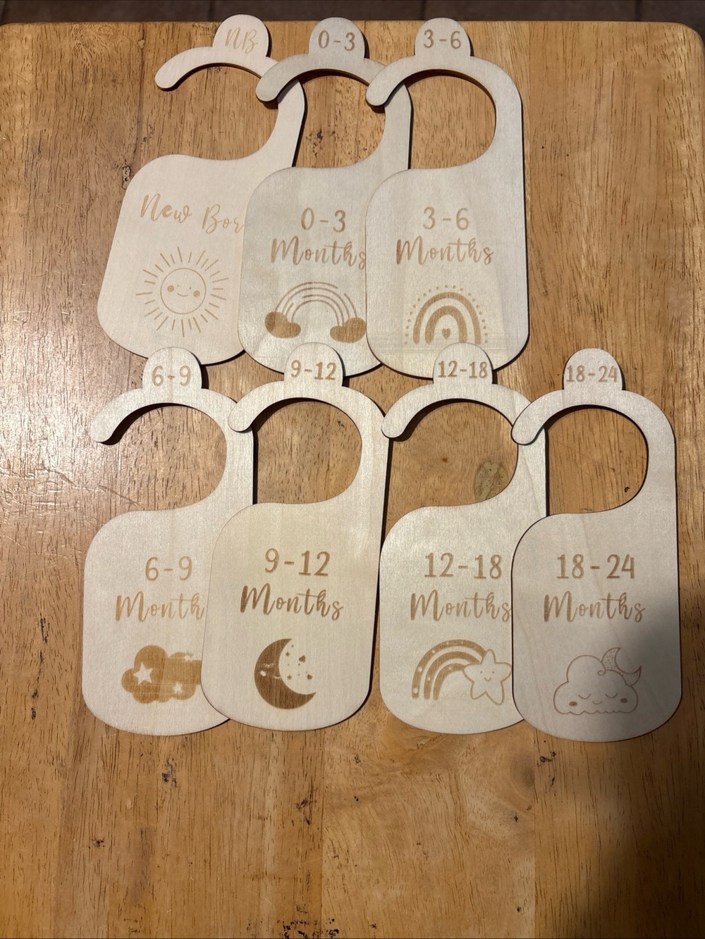 New Neutral Beige Wooden Baby Closet Size Hangers - Set of 7